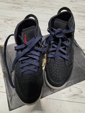 Jordan Men's Black High-Top Sneakers with Navy Laces and Red Logo